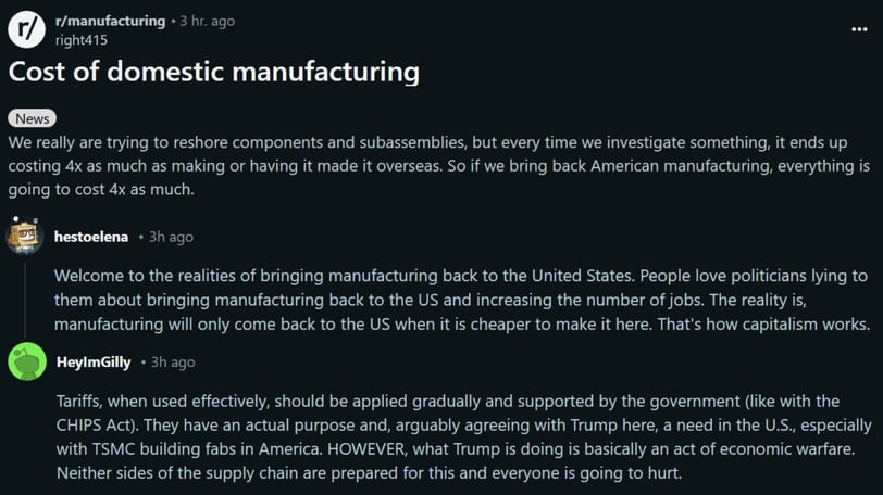 Post on the cost of domenstic manufacturing