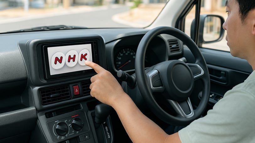堺市のNHK受信料未払いニュース画像。車内のカーナビ画面に「NHK」と表示され、男性が指で操作している様子。NHK受信契約の対象となる公用車のイメージ写真
