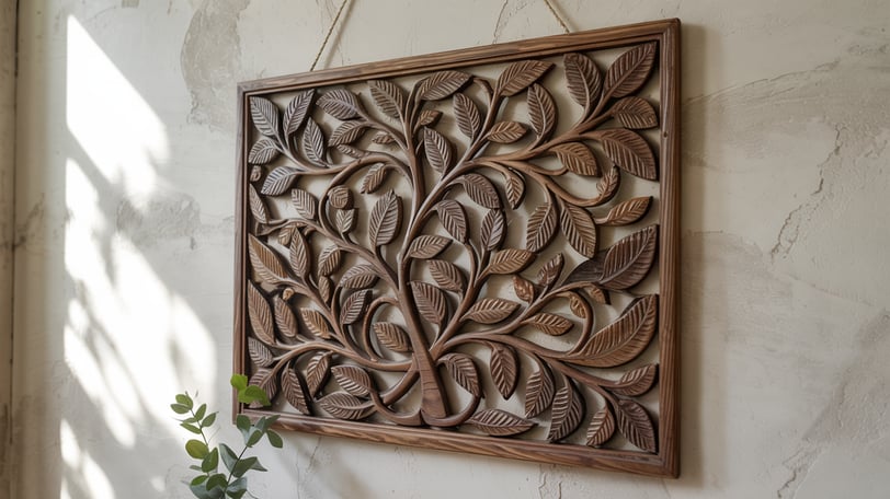 a decorative wooden wall hanging on a wall