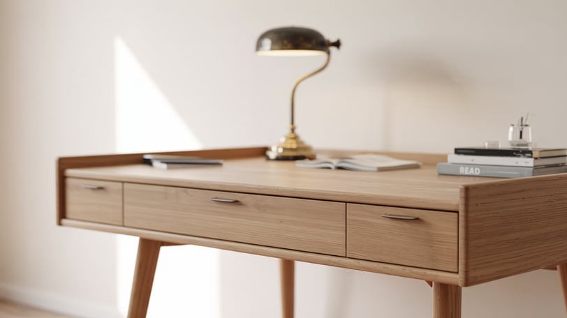 a desk with a lamp