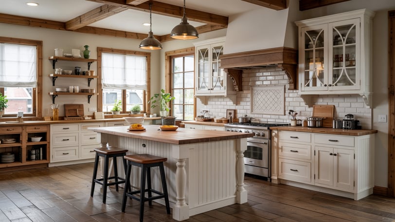 a kitchen with a wooden floor and a wooden table