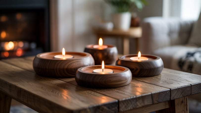 three candles are sitting on a table in front of a fireplace