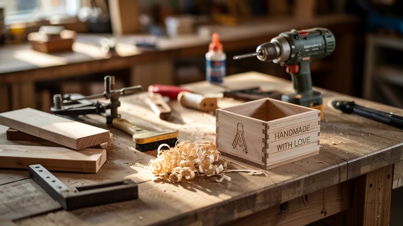 a woodwork workshop with a bunch of tools on a table and pieces of wood