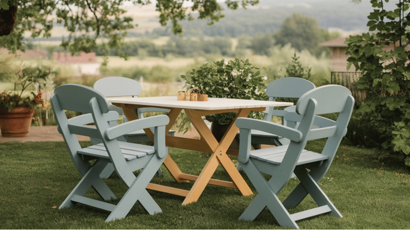 a table with chairs in a garden