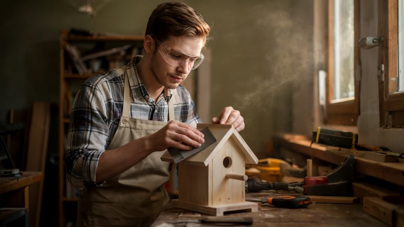 a man in an apron making a birdhouse
