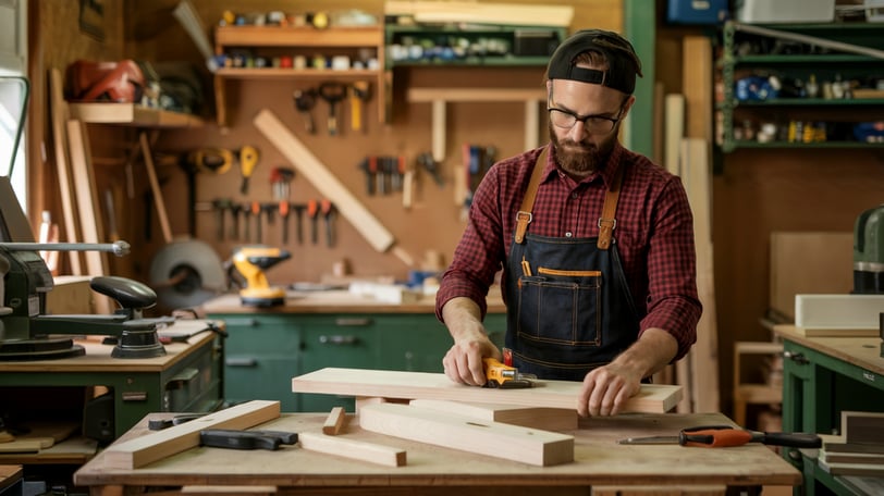 a man in overalls using a planer