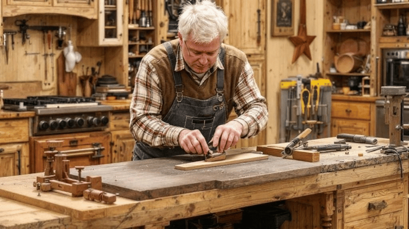 a man in overalls in a woodenworking knife, and a