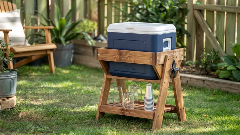 a wooden cooler stand