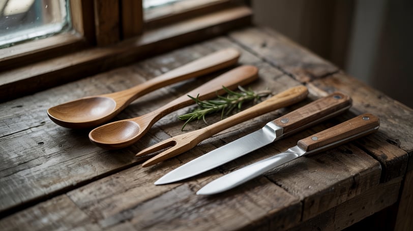 a bunch of wooden spoons on a table
