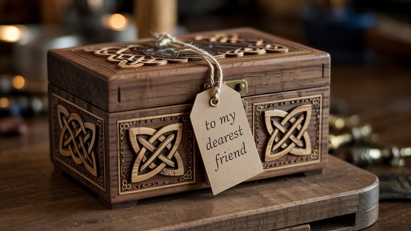 a wooden box with a tag on it