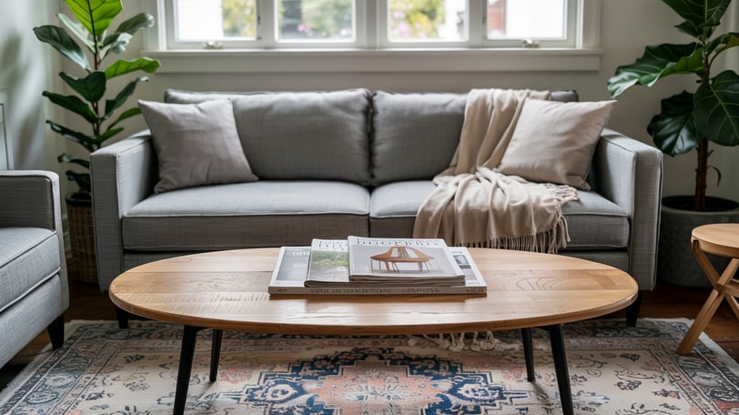 a living room with a couch and a coffee table