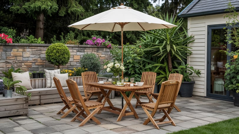 a patio table with chairs and umbrellas