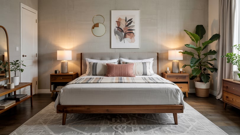 a bedroom with a bed and a mirror