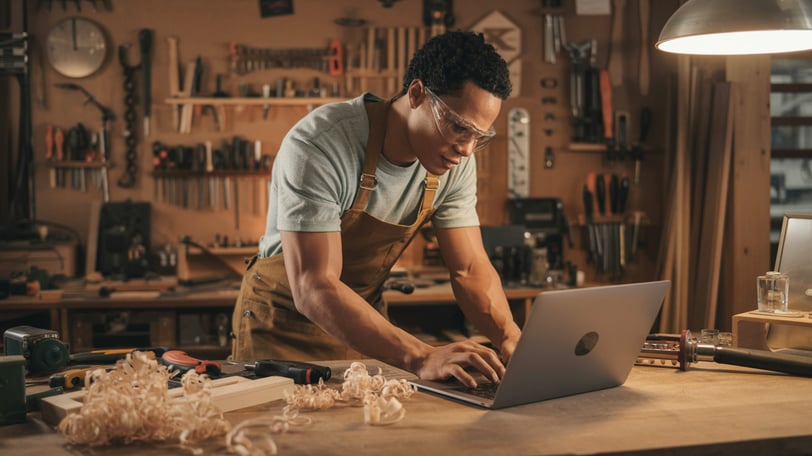 a man in a workwear suit and glasses working on a laptop