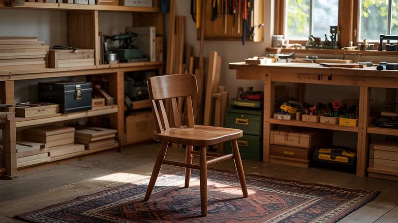 a wooden chair and a rug