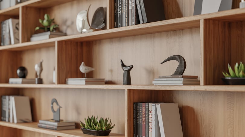 a shelf of books and other items in a room