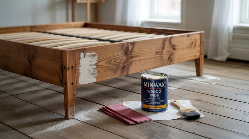 a bed with a paint canister and a paintbrush