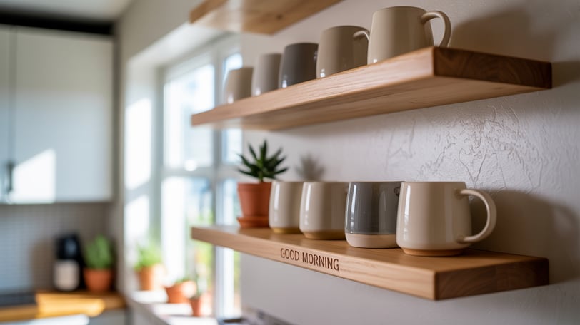 a kitchen with a wooden floating shelf with coffee cups and mugs