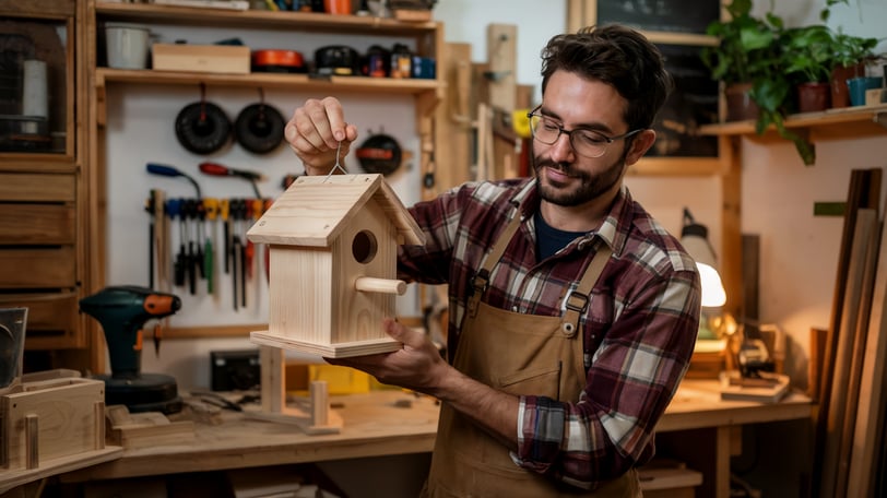 a woodworker in a brown apron and overall