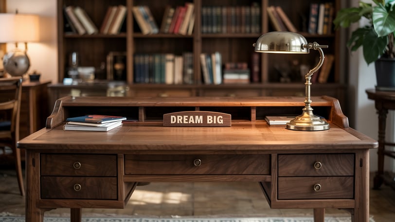 a desk with a lamp