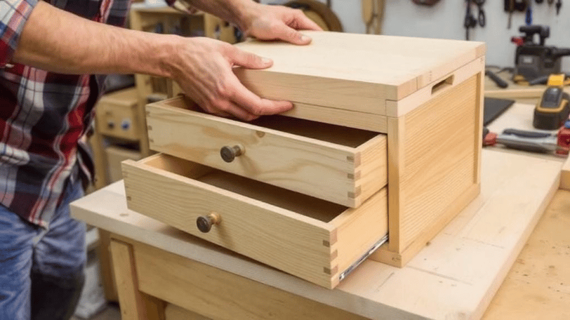 a man is holding a box of woodworking tools