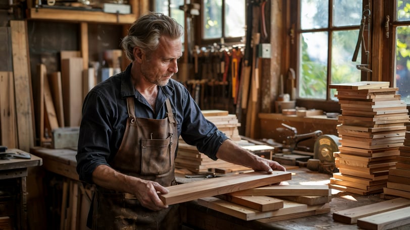 a man in a workbench with a woodworking project