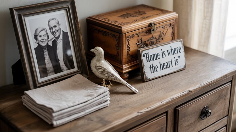 a decorative bird sitting on top of a wooden chest