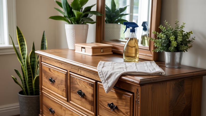 a dresser with a spray bottle and a plant in a potted plant