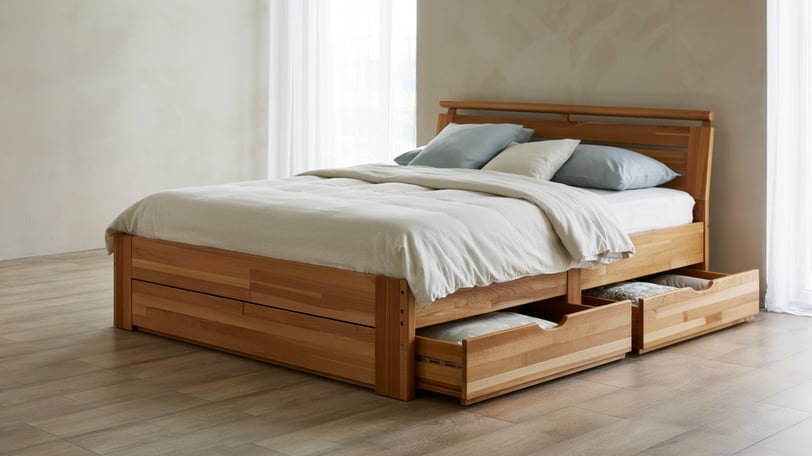 wooden bed with under-bed storage
