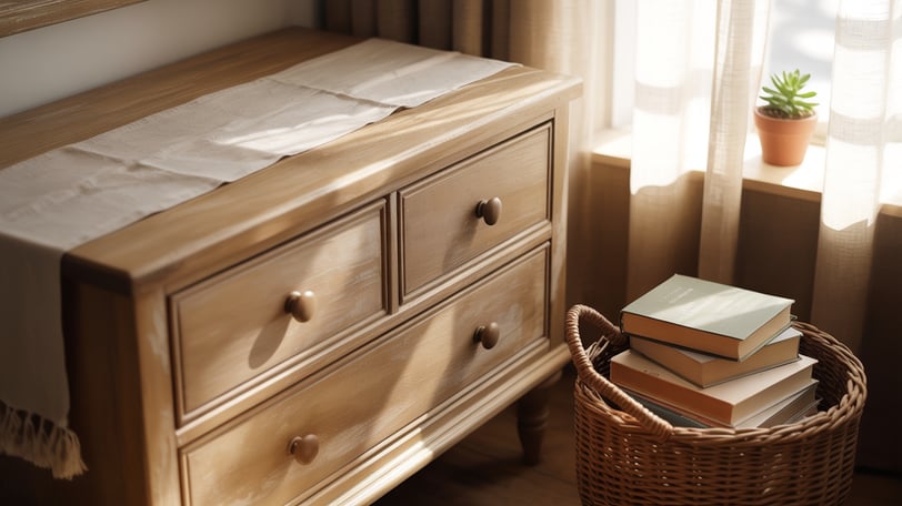 a dresser and a basket of books