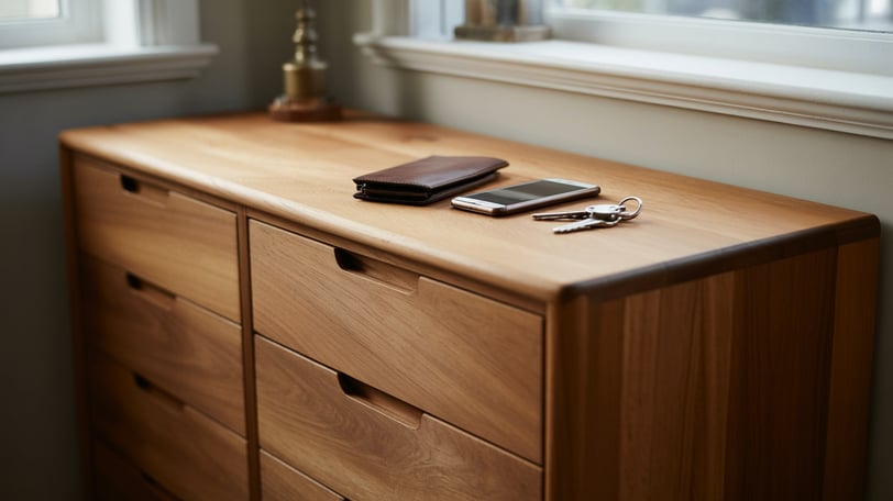 a wooden dresser with a wallet, phone and keys on top of it