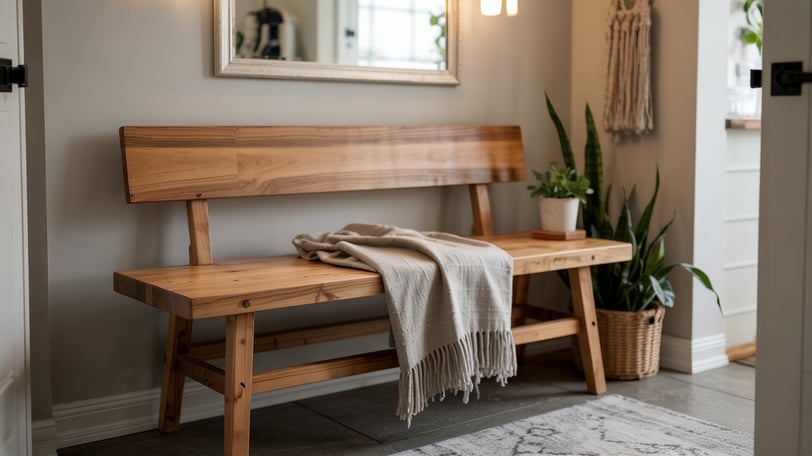 a wooden bench with a blanket on it
