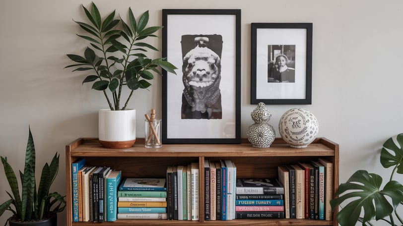 a shelf with books and plants in a room