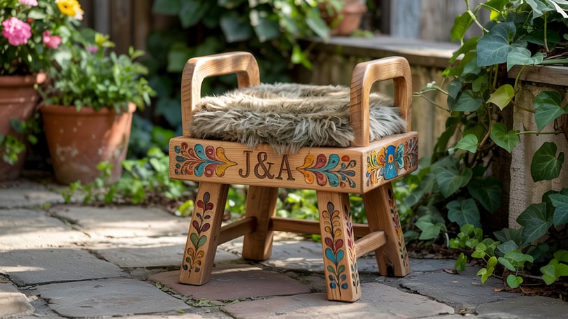 a wooden bench with a sheepskin seat