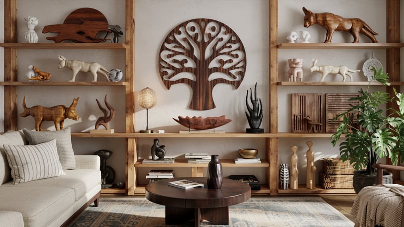 a living room with a lot of wooden sculptures