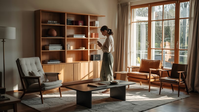 a woman standing in a living room with a bookcase