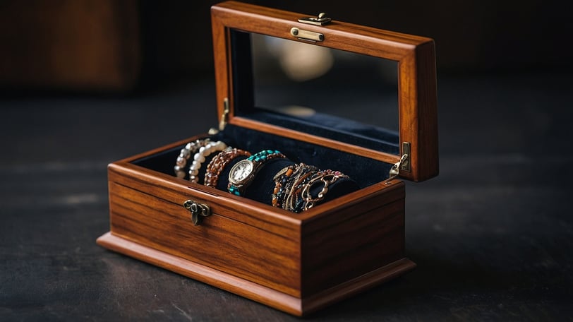 a wooden jewelry box with a ring on it