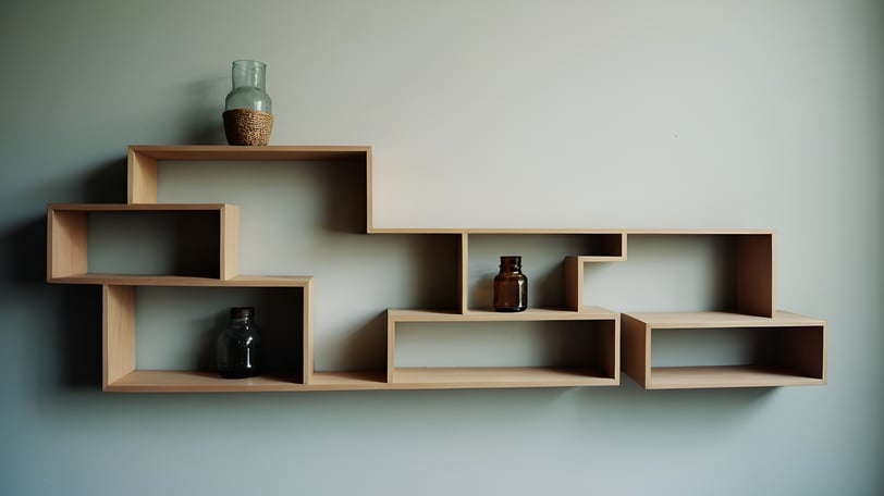 Asymmetrical shelves with a vase on it