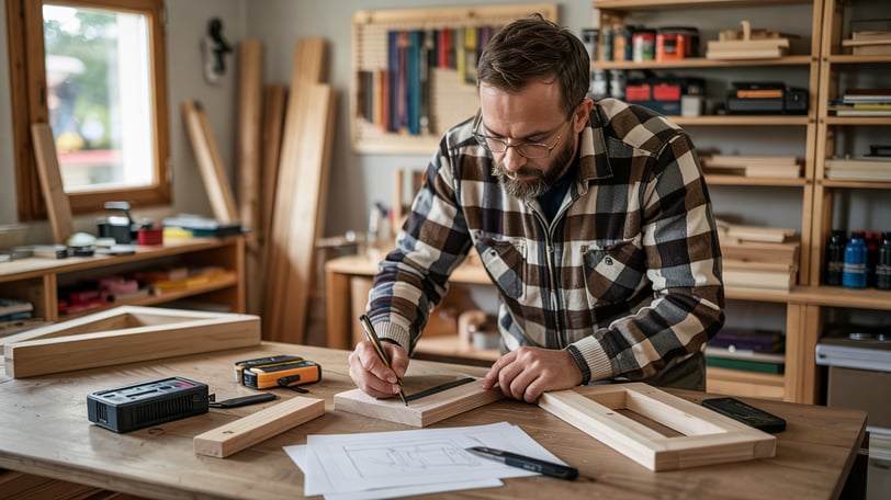 a man in a plaid shirt is making a woodworking project