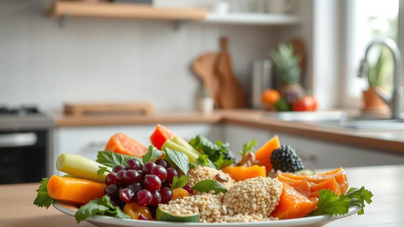 Prato colorido com frutas frescas como uvas, mamão, amora e vegetais crus, acompanhados de bolinhas de gergelim, servido em u