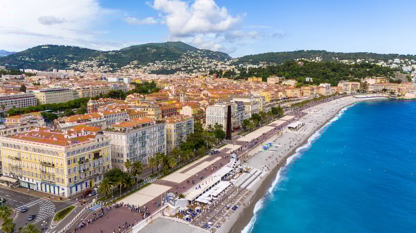 Aerial view of Nice, France, showcasing the vibrant Promenade des Anglais