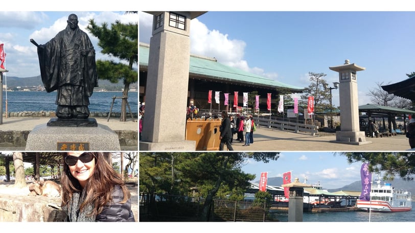 Varias fotos da autora na chegada em Miajima.