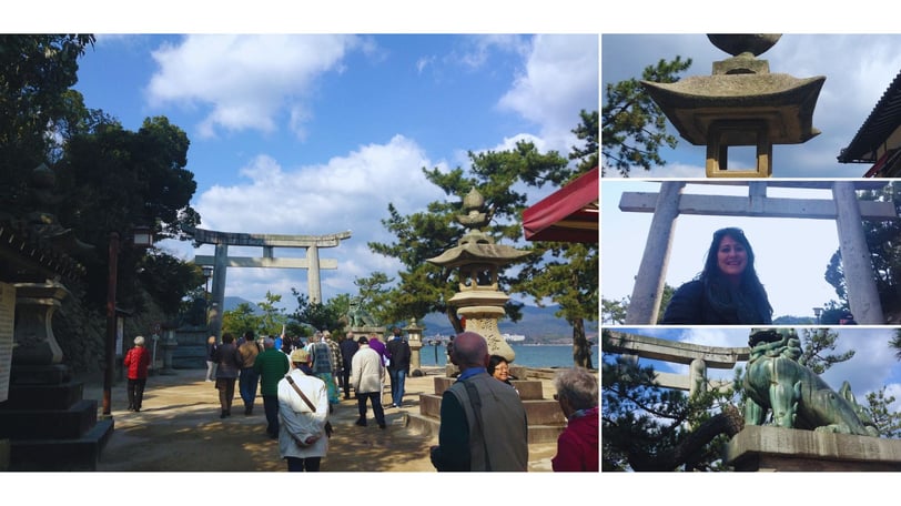 Colagem de fotos da autora caminhando até o torii em Miyajima.