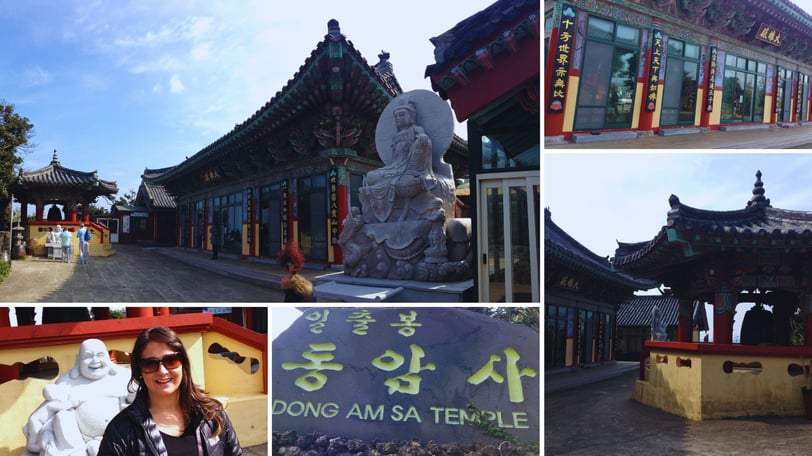 Autora no Templo Dong Am Sa, aos pés de Seongsan Ilchulbong.