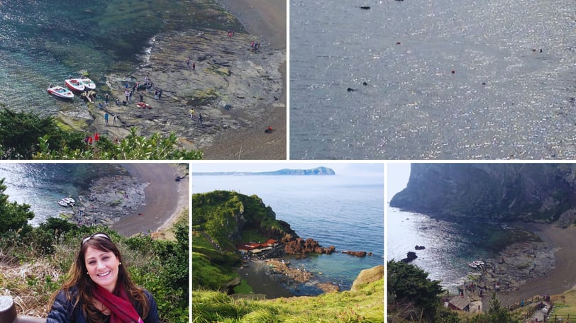 Haenyeo — as mulheres mergulhadoras de Jeju — vistas do alto do mirante de Seongsan Ilchulbong.