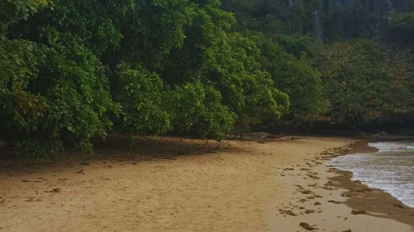 Vista da praia próxima à entrada do Rio Subterrâneo, com mar calmo e vegetação ao fundo.