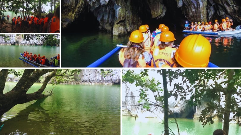 Autora e grupo no barco, iniciando a entrada na caverna do rio subterrâneo.
