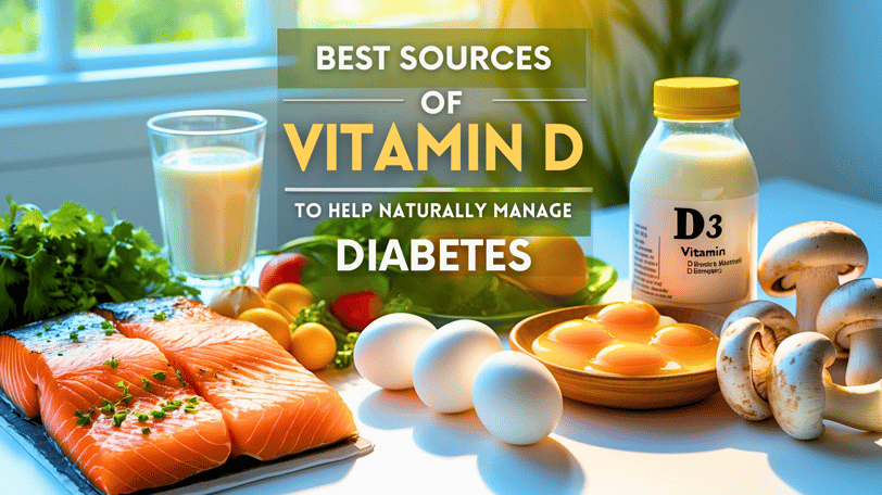 Assorted vitamin D-rich foods with sunlight and text overlay about diabetes support.