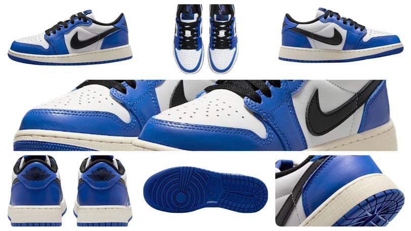 a collage of a collage of different colors of the Air Jordan 1 Low Game Royal GS