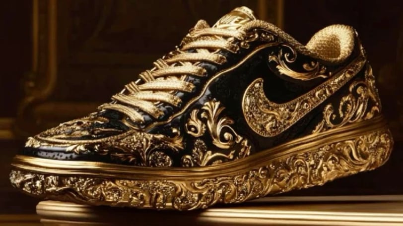 a gold and black AI-created Nike Air Force 1 sneaker with Baroque Inspiration